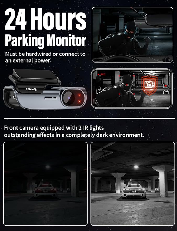 FOCUWAY 4K Front and Rear Dash Cam: Fast 5GHz WiFi & Hands-Free Voice Control, Compact Hidden Design, 24/7 Parking Mode Recording, Supercapacitor & Type-C, Free 64GB Card, Super Night Vision