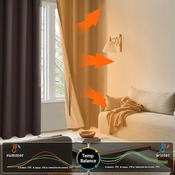 XWZO 100% Blackout Curtain Panels - Extra Large Thermal Insulated Black Liner Curtains, Noise Reducing and Heat Blocking Drapes for Bedroom with Tiebacks, Brown, W52 x L108, Set of 2