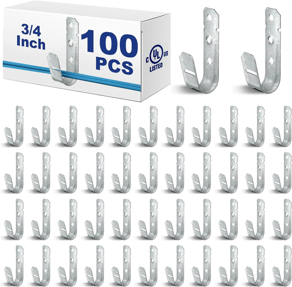 Gisafai 100 Pcs Cable Support J-Hook, 3/4 Inch Metal Garage Hooks for Hanging, Heavy Duty Network for Cable and Wire Management Wall Attaching J Utility, G60 Galvanized Steel, Silver