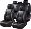 Coverado Car Seat Covers Full Set, Black Redline Seat Covers for Cars, Waterproof Nappa Leather Automotive Seat Covers with Lumbar Head Pillow, Car Seat Protectors, Universal Fit for Most Cars SUV