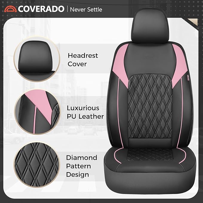 Coverado Seat Covers, Car Seat Covers Full Set, Car Seat Cover, Car Seat Covers Front Seats and Back, Waterproof Car Seat Cushion, Faux Leather Car Seat Protector Universal Fit Most Cars, Black&Pink