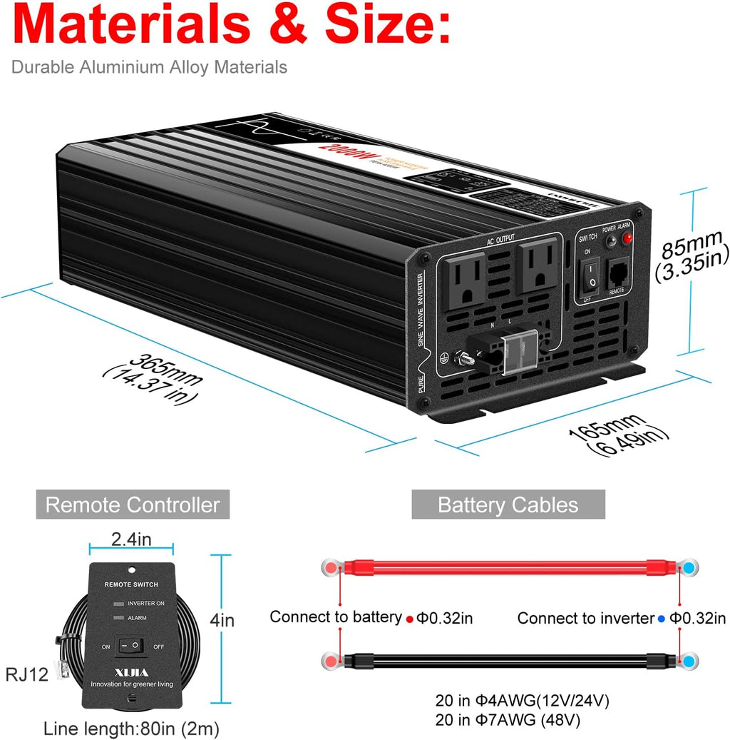 2000W (Peak Power 4000W) Pure Sine Wave dc to ac Inverter Remote Switch DC 24V to AC 120V 60HZ Solar Converter for Home car&Yacht (DC24V (Range 20V-30V) 2000W)