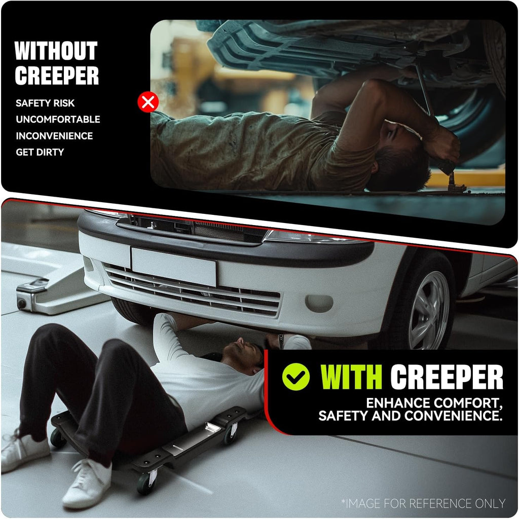 Auto Dynasty 40 Inches Mechanic Creeper, Automotive Garage Repair Low Profile Under Car Rolling Creeper with LED Light and Padded Headrest, Plastic, Black