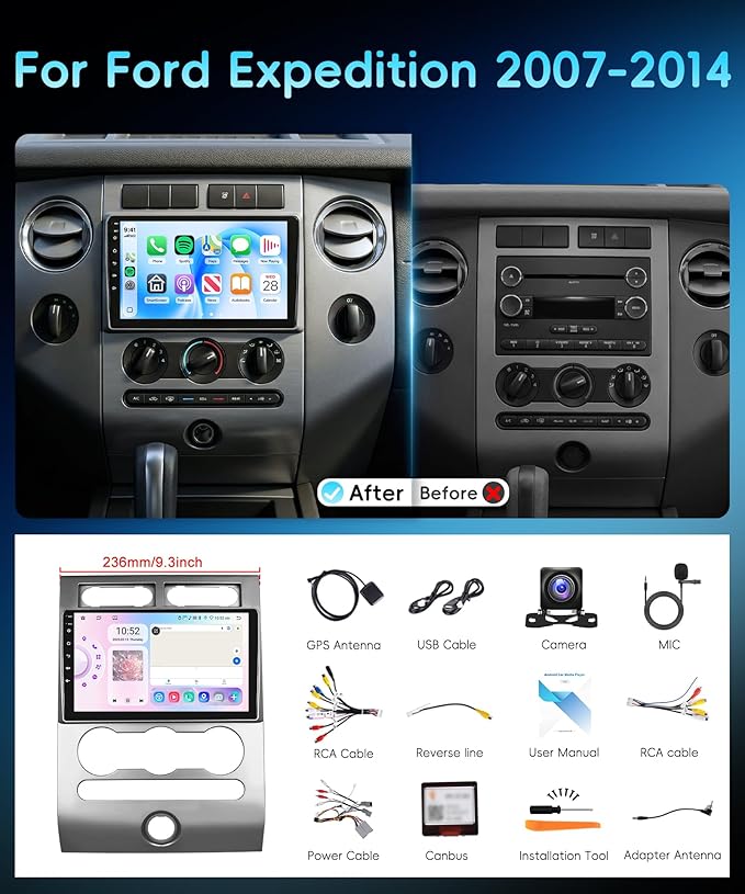 8 Core 6G+128G Android 15 Car Stereo for Ford Expedition 2007-2014 (Manual A/C), Wireless Carplay Android Auto, 9'' Touchscreen with GPS/Bluetooth/FM/DSP/5G-WiFi 360° Panoramic View Backup Camera SWC