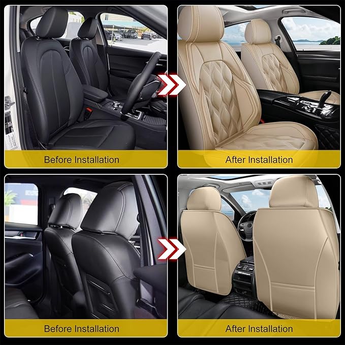 AOMSAZTO Car Seat Covers,2 Front Seats Custom Fit for Ford Mustang 2007-2022 Faux Leather Automotive Cushion Covers Seat Protector,Airbag Compatible Waterproof Beige