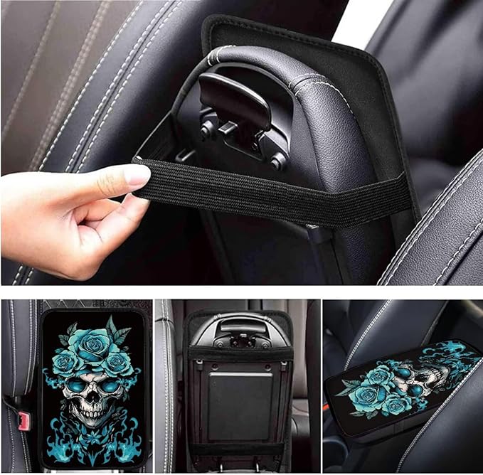 Green Rose Flower Car Accessories 6 Pcs Sets Skull Print Car Steering Wheel Cars Funny Cars Armrest Cover Handbrake Cover Auto Interior Sets