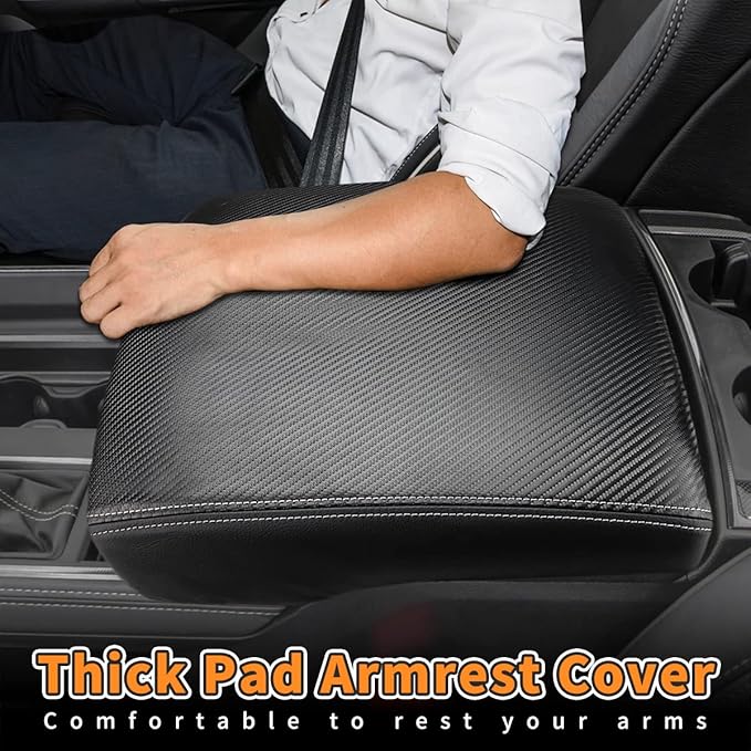 INTGET Car Center Console Armrest Cover for 2022 2023 Dodge Ram 1500 2500 3500 Accessories 2019 2020 2021 Arm Rest Box Lid Protector Pad Cushion Dog Seat Cover (Black with Carbon Fiber Texture)