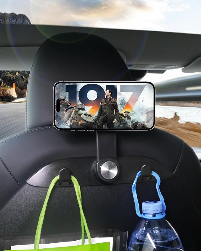 1 Pack Car Seat Hooks & Magnetic Phone Holder for Tesla Model Y(Juniper) Model 3(Highland) Accessories 2025 2024 2023 2022 2021, Car Seat Back Storage Purse/Bag/Hat Hook for iPhone
