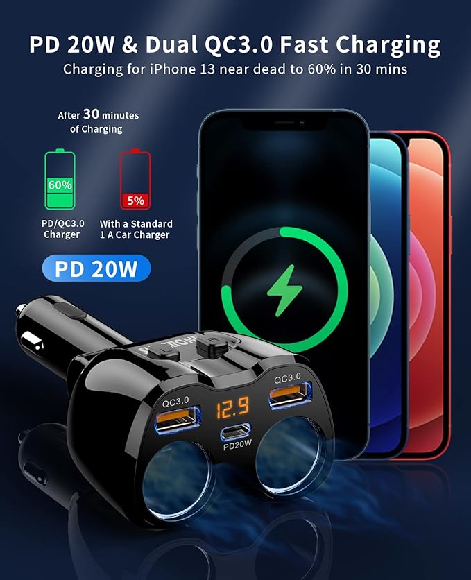 [2026 Upgraded] Cigarette Lighter Splitter, SUPERONE 180W 2-Socket Cigarette Lighter Adapter with Dual QC3.0 and 20W PD USB C Car Charger Splitter for GPS/Dash Cam/Laptop/iPad/iPhone 17/16/15/14/13/12