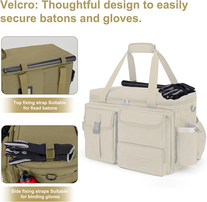 Patrol Bag Law Enforcement Police Gear Bag, Car Front Seat Organizer Tactical Officer Duty Bags, Police Car Accessories for Passenger Seat, Multiple Compartment Removable Shoulder Strap, khaki