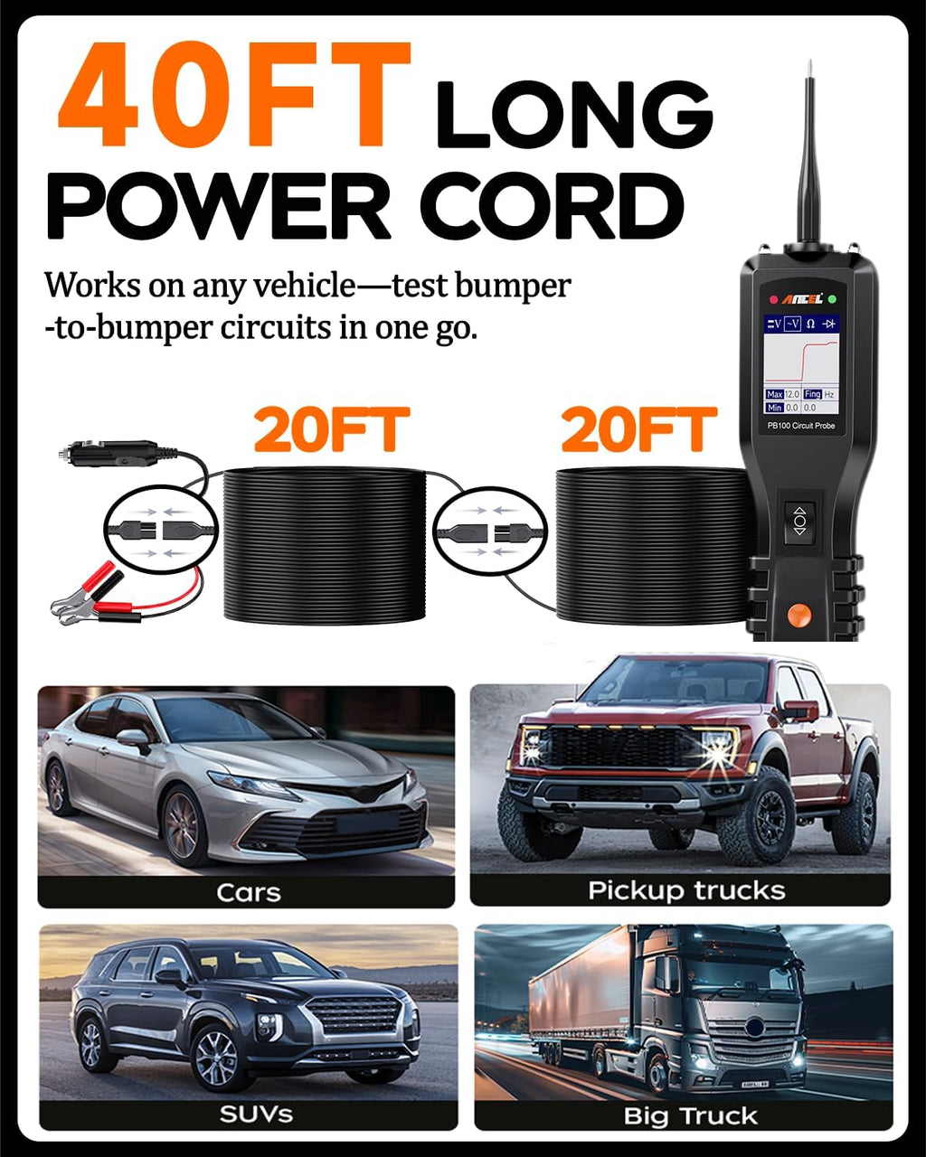 ANCEL PB100 Automotive Power Circuit Probe Tester, 12 24V Electrical Short/Open Breaker Finder, AC DC Diode Resistance Relay Tester, Continuity Test Digital Multimeter/Ohmmeters, 20 + 20FT Cable