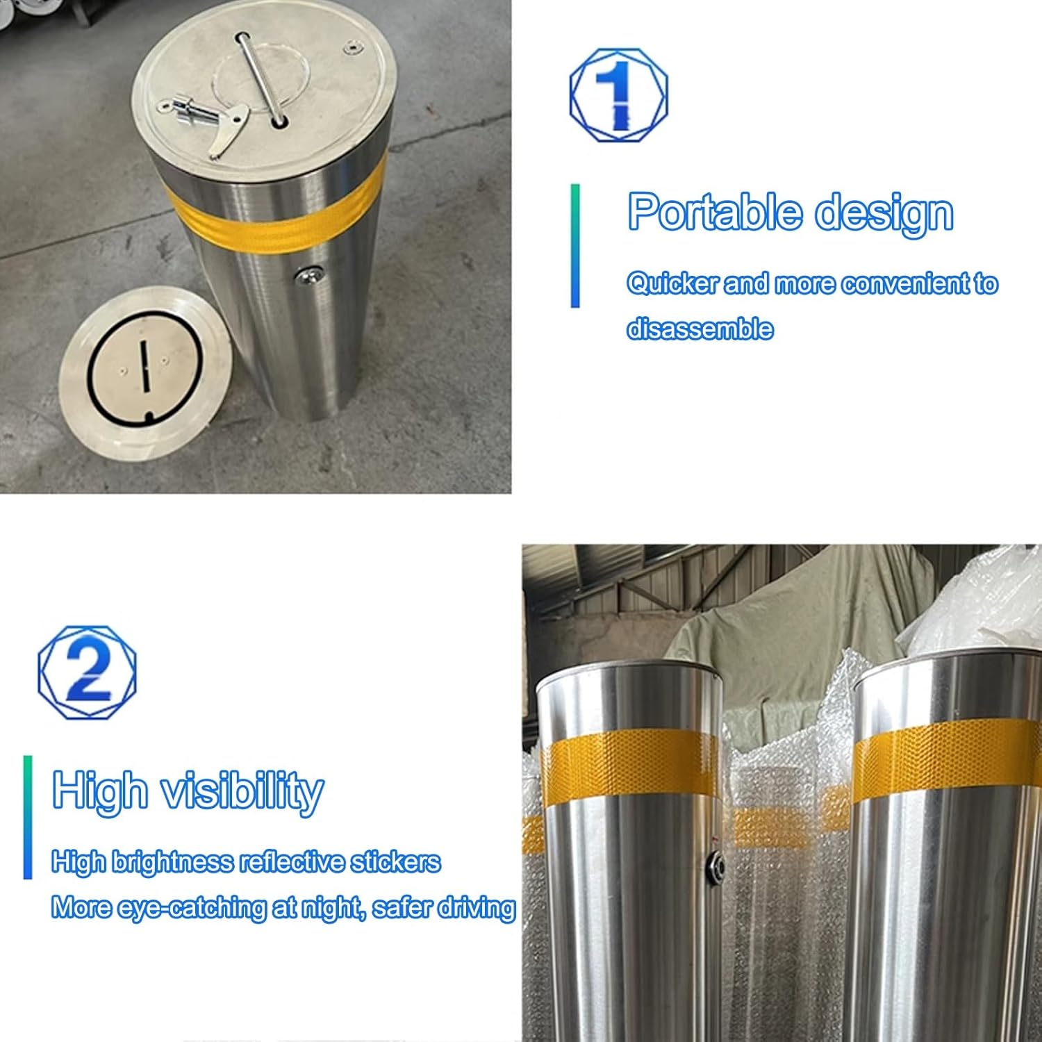 Steel Safety Bollard Post, Driveway Parking Interceptor Bollard, Crash Column Safety Warning Column, Parking Stopper for Garage, for Parking Barrier, Road Safety(Silver (2PCS))