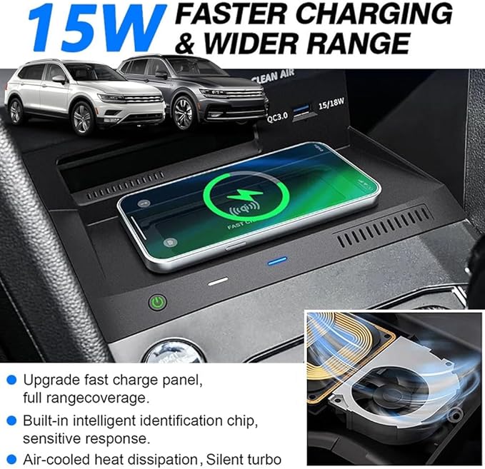 Wireless Car Charger for Volkswagen VW Tiguan MK2 2017 2018 2019 2020 2021, Wireless Fast Phone Charging Pad with 18W QC3.0 USB, Fit for Volkswagen Tiguan Interior Accessories Upgrades