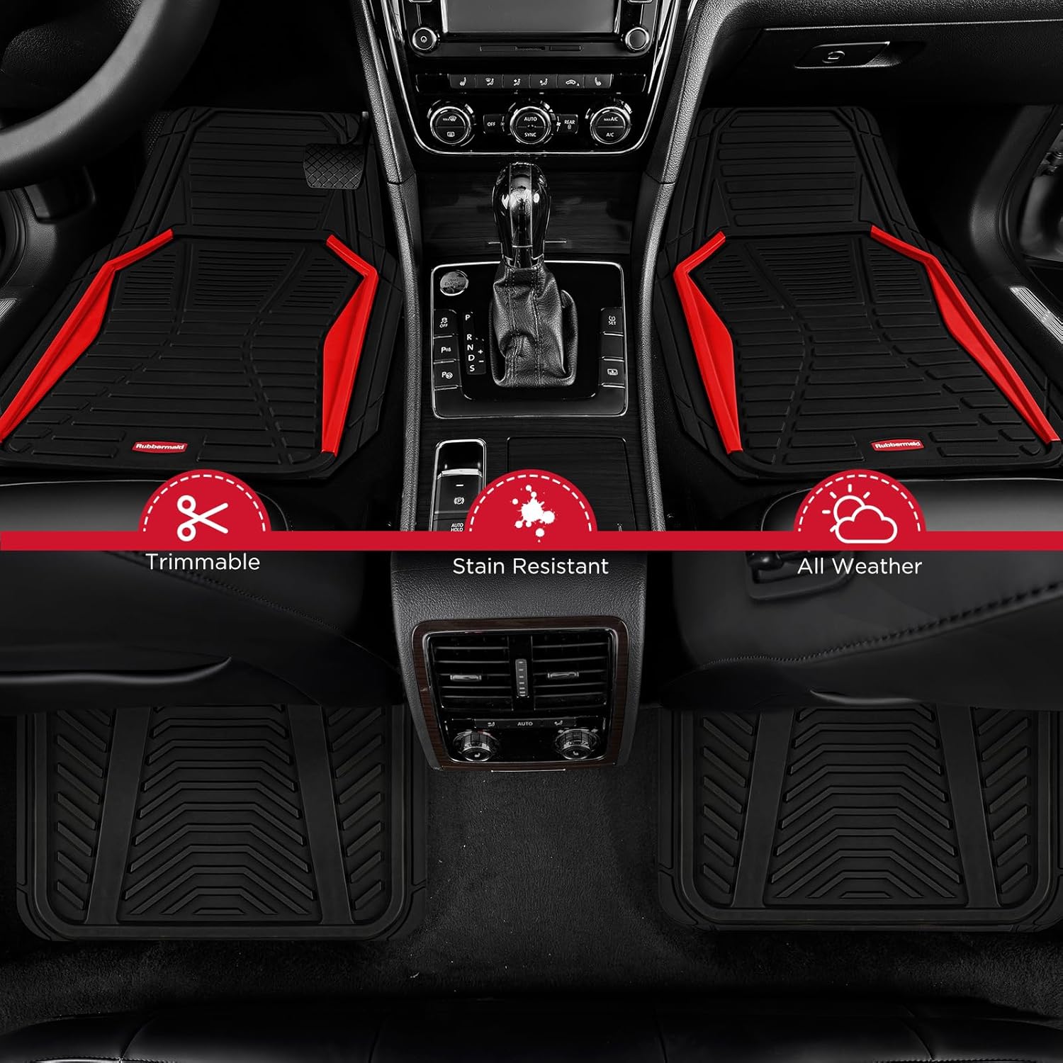 Rubbermaid Car Mat Full Set All-Weather Heavy-Duty 4 Pieces– Trim-to-Fit Universal Car Mats Full Set – Waterproof Rubber Floor Liners for Most Trucks, SUVs, Vans, and Sedans-Red