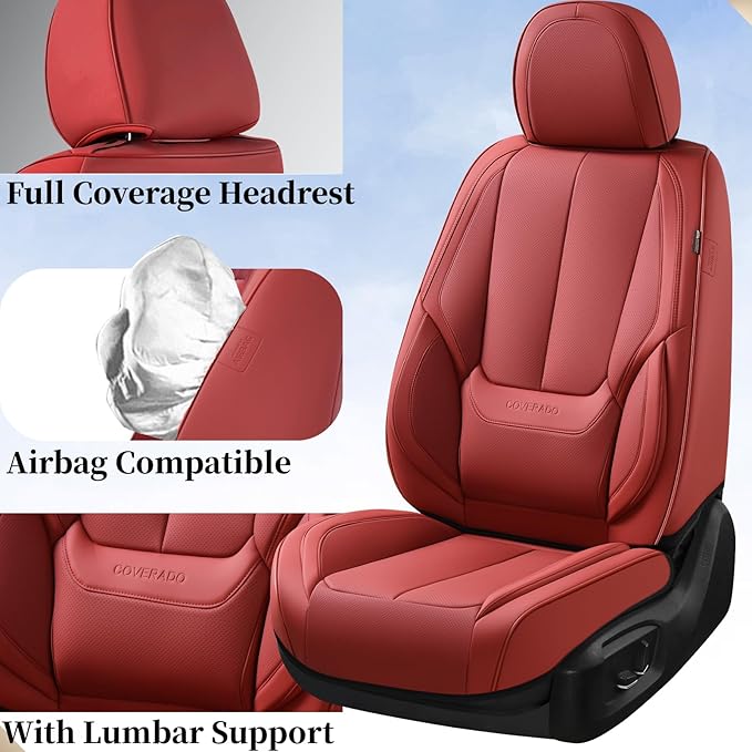 Coverado Car Seat Covers Full Set, Car Seat Protector Waterproof, Nappa Leather Car Seat Cushion, Red Seat Covers for Cars, Front Seats and Back Universal Fit for Most Cars