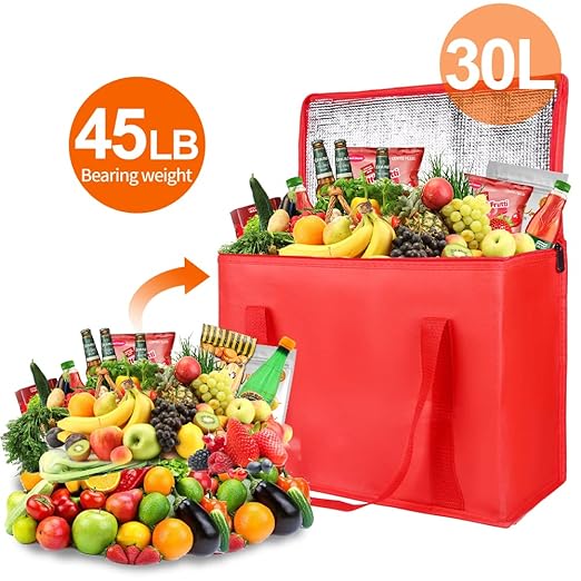 Bodaon 4-Pack Insulated Reusable Grocery Bag, X-Large Cooler Bag for Picnic, Food Delivery Bags, Insulated Pizza Delivery Bags, Red