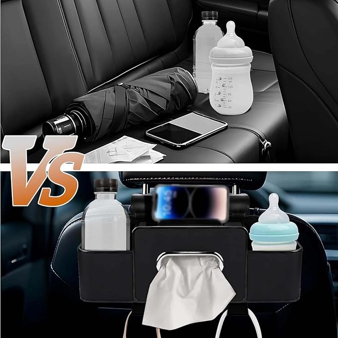 3-in-1 Car Backseat Organizer, 2026 Upgraded Multifunctional Car Seat Back Storage Box, Backseat Car Organizer with 2 Cup Holders, Tissue Box & Hooks, Universal Car Essentials (2Pack B)