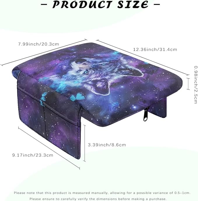Wanyint Galaxy Wolf Butterfly Car Center Console Armrest Cover Soft Armrest Cover Lid Non-Slip Middle Console Cover with Side Storage Pocket for Car Seat Organizer Universal Fit