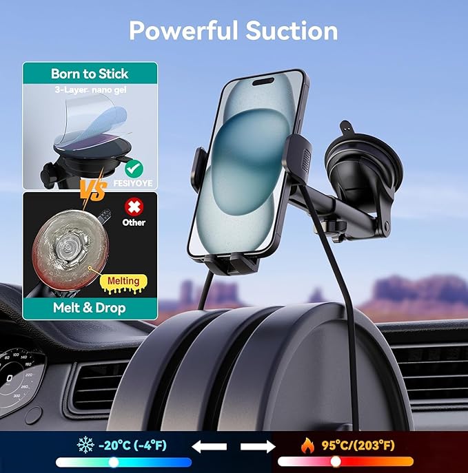Phone Holders for Car, [Super Suction Cup] Car Phone Mount for Dashboard Windshield & Air Vent, Universal Car Accessories for iPhone 17/16/15, Samsung Galaxy, Most 4-7” Smartphones