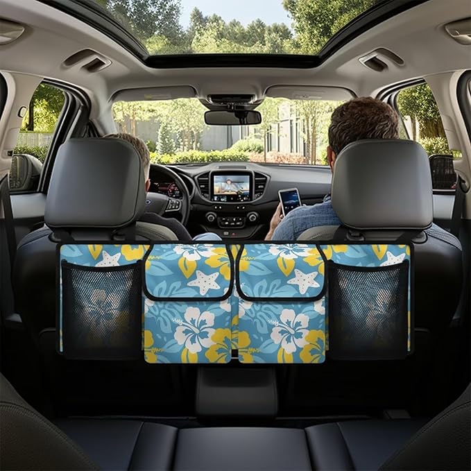 Hawaii Hibiscus Flowers Car Trunk Organizer Starfish Palm Leaf Multipurpose Cargo Bag for SUV,Truck,Van Back Seat Car Organizer