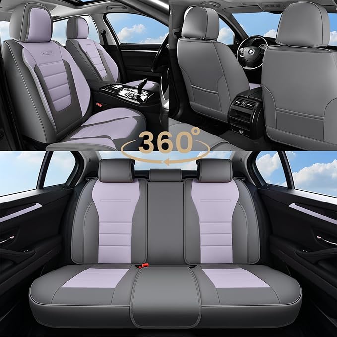 Coverado Car Seat Covers Full Set, Nappa Leather Seat Covers for Cars, Car Seat Protector Car Seat Cushion, Front and Back Seat Protectors Cushions Universal Fit for Most Cars Vehicles(Gray&Purple)