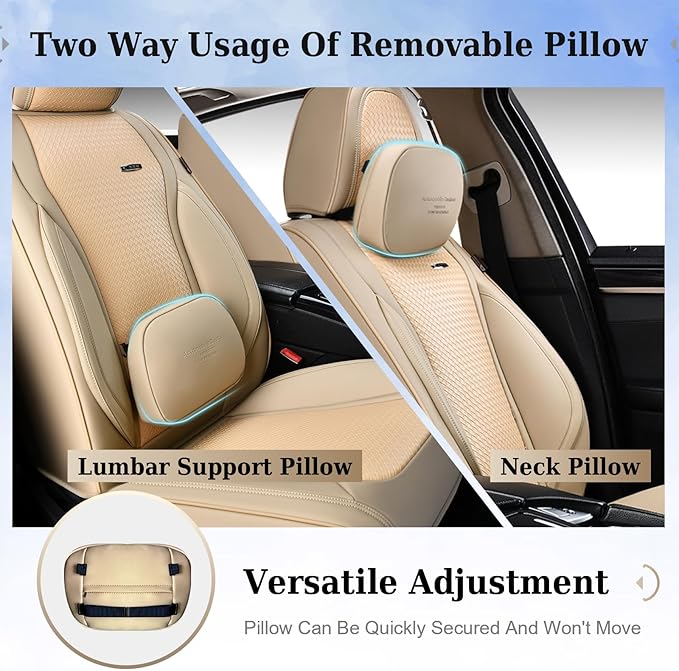 Coverado Seat Covers, Car Seat Covers Front Seats, Waterproof Nappa Leather Auto Seat Cover with Lumbar Head Pillow, Beige Seat Covers Carseat Cover Universal Fit for Most Cars