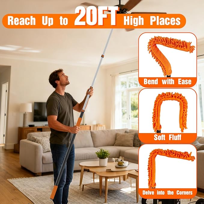 SISUPASSIE 20FT Reach High Ceiling Duster Kit, Window Cleaning kit with 3-12FT Extension Pole, Fan Duster for Ceiling Fan Blades, Microfiber Feather Duster, Rotatable Window Squeegee and Cobweb Duster