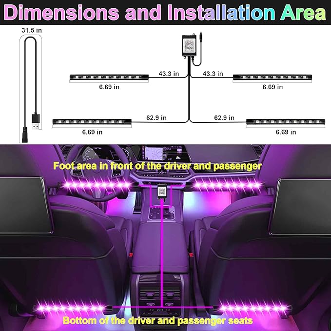 BFXM Car Interior Lights, 5V LED Strip Lights with USB Adapter, Ambient Lighting Car Accessories, App & Remote Control Music Sync Color Change Lights for Truck Car Decor (36LED Beads) -2 Set