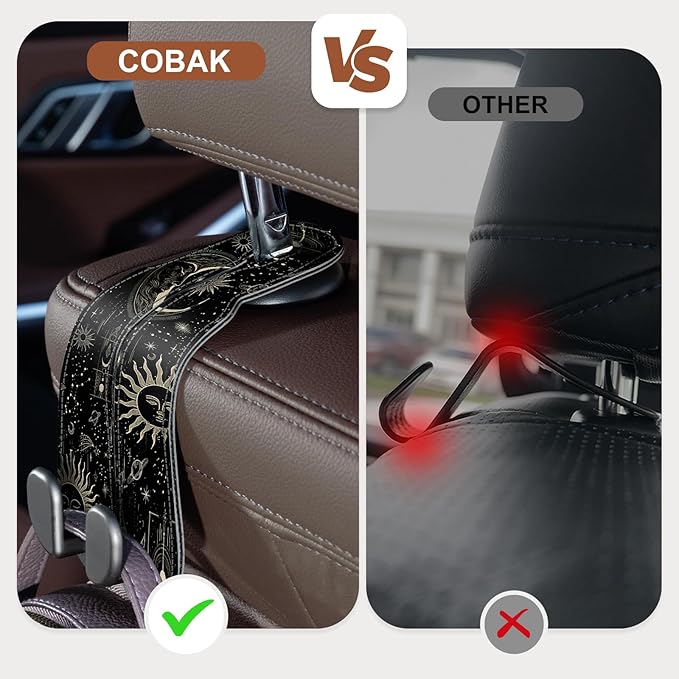 CoBak Purse Hook for Car - Universal Premium Stitched Leather and Aluminum-Magnesium Alloy Double Car Seat Back Storage Hook for Purses, Handbags, Bags (2 Pack),Star Mark