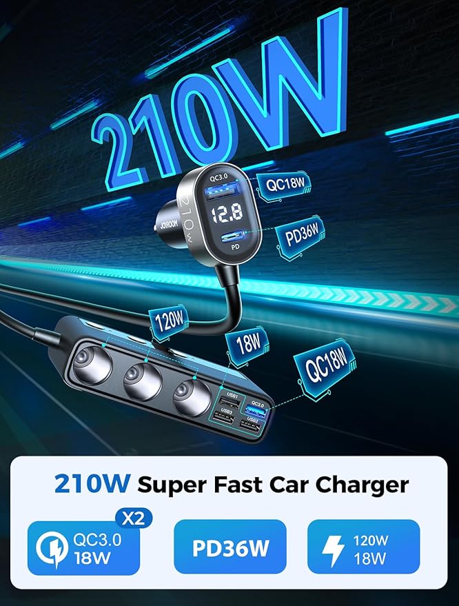 9 in 1 Cigarette Lighter Splitter, JOYROOM 210W Cigarette Lighter Adapter with PD/QC 3.0 * 2 Charge(3.3FT Cable), 12V/24V Independent Switches DC Cigarette Outlet Car Charger for All Car Devices