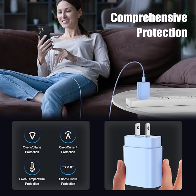 Essri Type C Charger Fast Charging for Samsung Galaxy S25/S24/S23/S22/Note 20,4Pack 25W Super USB C Fast Charger Block with (6ft+10ft) x2 Cables for iPhone 15/16 Pro Max/Plus, Android Phones-Blue