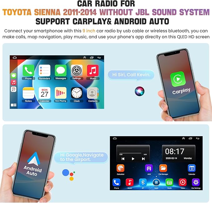 Car Radio Stereo for Toyota Sienna 2011-2014 Without JBL Sound System, Support Wireless Carplay/Android Auto/Mirrorlink, 9 Inch QLED Touchscreen with Bluetooth,FM Radio,DSP
