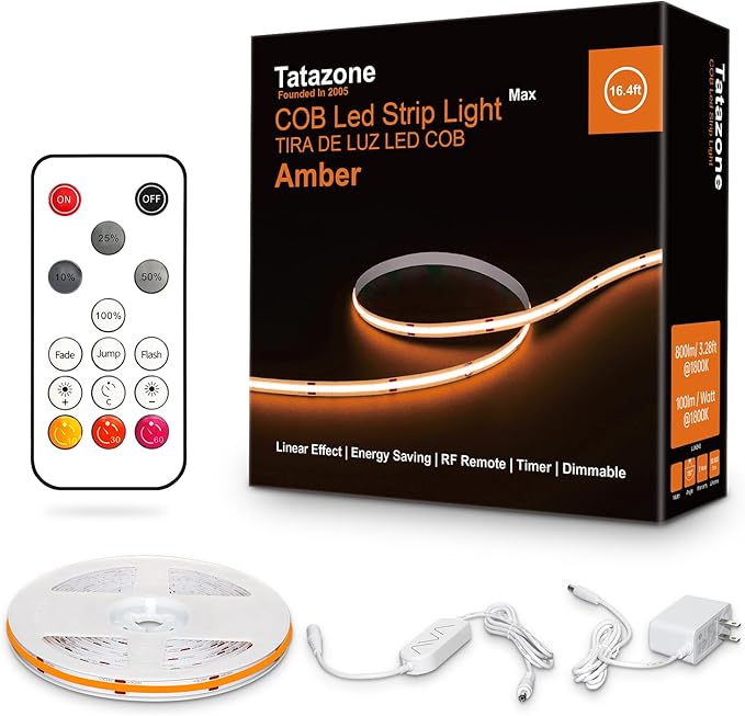 Tatazone 16.4ft 1800K COB Led Strip Lights with RF Remote, Dimmable Bright Adhesive Indoor Amber Led COB Light Strip for Cabinet, Painting, Room, Bed