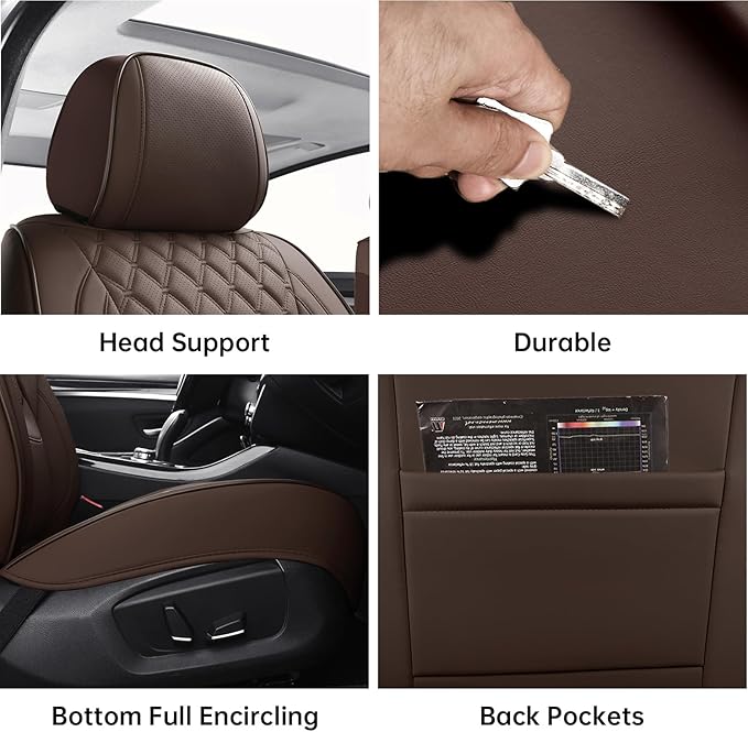 Car Seat Covers Front Seats Brown, Luxury Faux Leather Car Seat Cover Waterproof Non-Slip Protector Universal Fit for Most Cars SUVs Trucks Pick-ups,Car Accessories Interior(Brown-Front Seats)