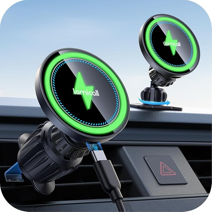 Lamicall 15W for MagSafe Car Mount Charger - [20X Strong Magnets] Wireless Car Phone Holder Charger, Magnetic Phone Holders for Car Vent Dash Accessories for iPhone 17 Pro Max Black Mothers Day