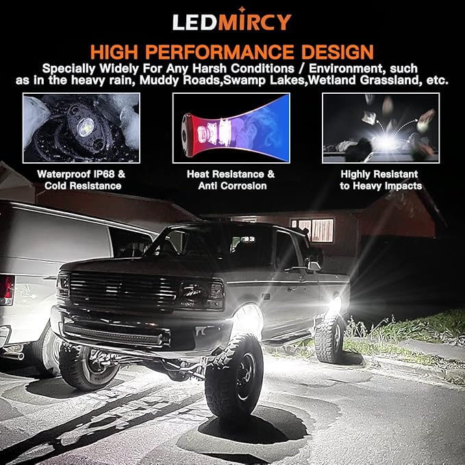 LEDMIRCY R1 LED White Rock Lights 16PCS for Off Road Truck RZR ATV SUV Auto Car Boat Underglow Trail Rig Lights Underbody Neon Light High Power Waterproof Shockproof(16PCS,White)