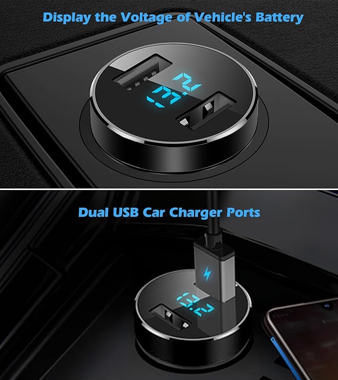LIHAN 2 USB Car Charger,12V/24V Voltage Meter, Output 4.8A, Cigarette Lighter Plug Adapter Compatible with iPhone,iPad, Samsung, USB Charging Devices, Black