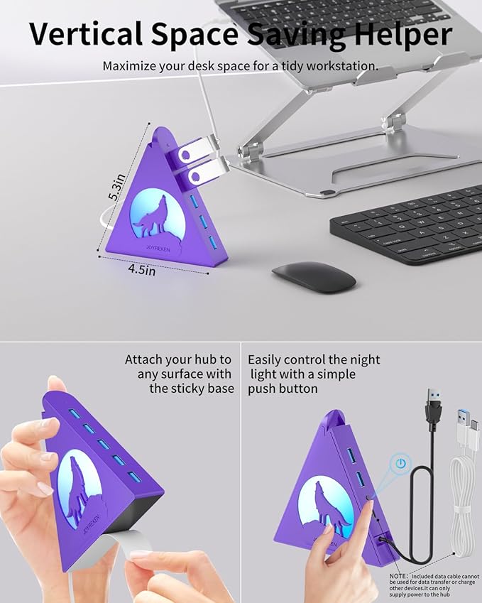 Deep Purple 7-Port USB 3.0 Hub, RGB Vertical Gaming USB Hub Tower with 5Gbps Data Transfer, 2FT Cable - USB Hub Splitter for PC, MacBook, Laptop, PS5, Flash Drives