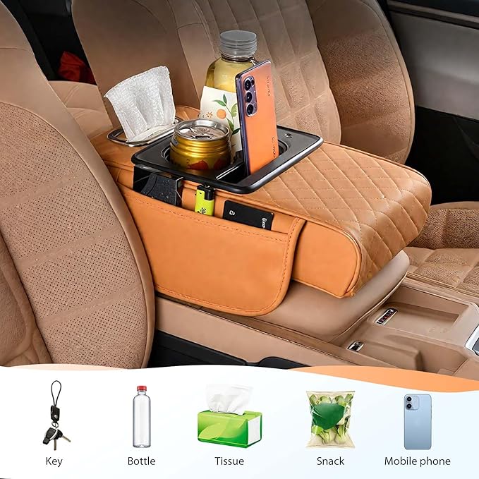 Multifunctional Car Armrest Cushion with Integrated Booster, 2026 Upgraded Universal Style Memory Cotton Car Armrest Box Pad, Car Center Console Armrest Pillow, with 2 Cup Holder (Gray)