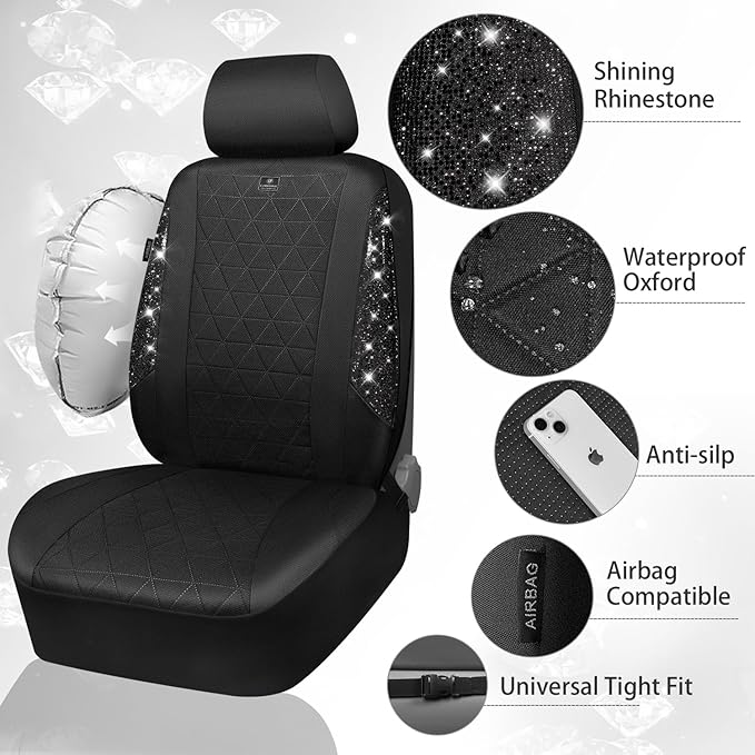 CAR PASS Oxford Bling Diamond Car Seat Covers Full Set Interior Sets, Waterproof Shining Glitter Sparkly Crystal Universal Armrest Fit 95% Automotive Truck SUV Cute Women Girl, All Black Rhinestone