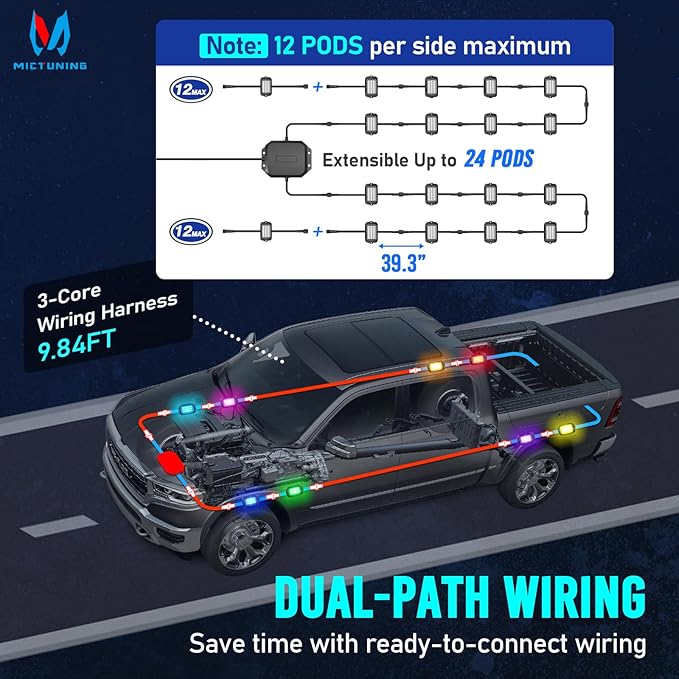 MICTUNING Q1+ MAX 8 Pods Ultra-Bright RGB Rock Lights, Multi-Color Chasing Underglow Lighting, Extensible to 24 Pods, APP Music Sync & DIY Effects, IP68 Waterproof