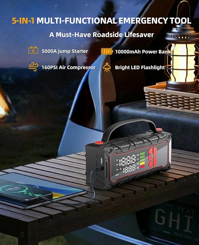 5000A Car Battery Jump Starter with Air Compressor 160PSI, Car Battery Charger 7.0L Gas/6.0L Diesel, Jumper Box for Car Battery with Tire Inflator & Power Bank& Jumper Cables, Mother's Day