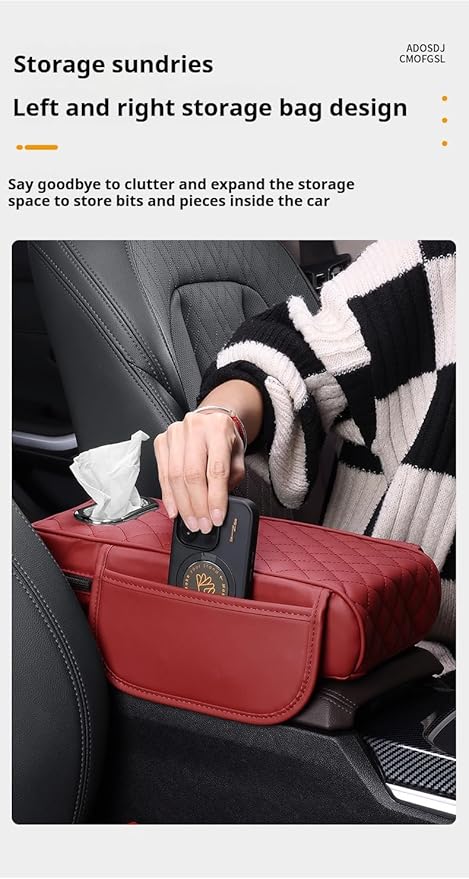 Center Console Cover Arm Rest Cover Leather Car Armrest Box Pad with Pocket Tissue Box Hole Auto Armrest Cover Cushion for Car Vehicle (Black-Red)