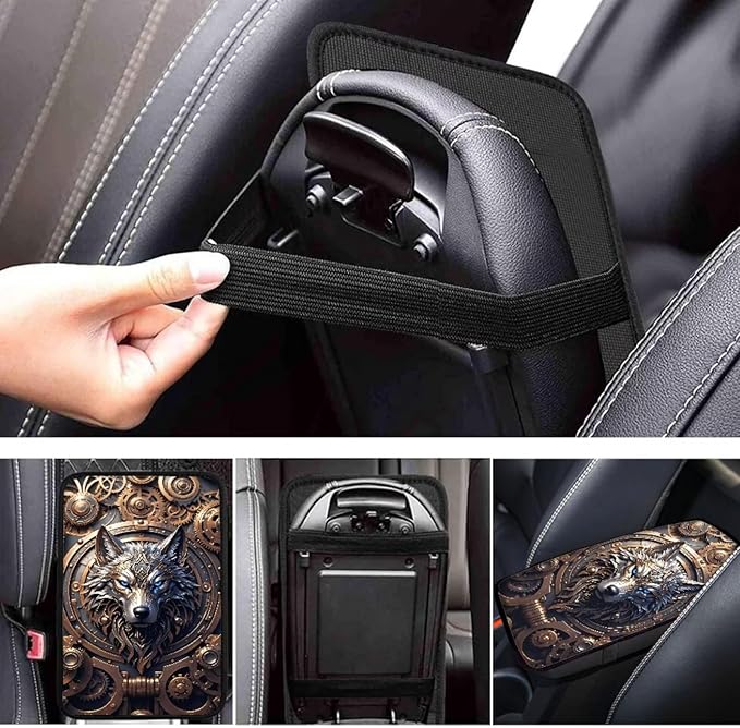 Wolf Print Armrest Cover Pad for Car Non Slip Decorative Center Console Cushion Scratch Proof Car Armrest Box Protector Cover