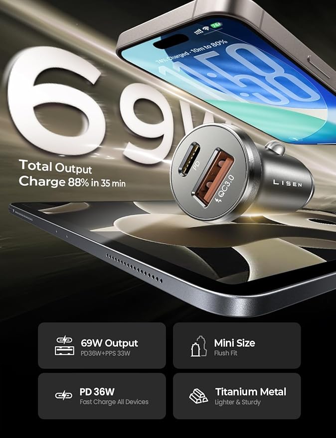 LISEN Car Charger USB C, 69W Cigarette Lighter USB Charger Adapter, Car Accessories Gifts for Men, Mini USBC Cars Fast Charging Adapter USBC Type C 12V Plug Outlet, for iPhone 17 Pro Max 16 15 14 13
