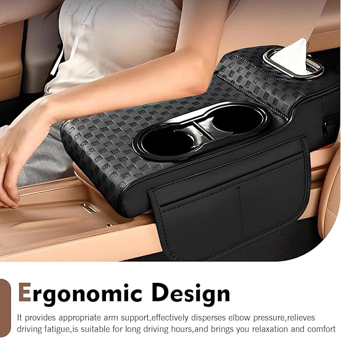 Car Center Console Leather Armrest Increase Cushion, MultiFunctional Armrest Box Pad with Dual Cup Holder, Tissue Box, Side Card Holder, Universal for Most Cars, SUVs, Trucks (Black)