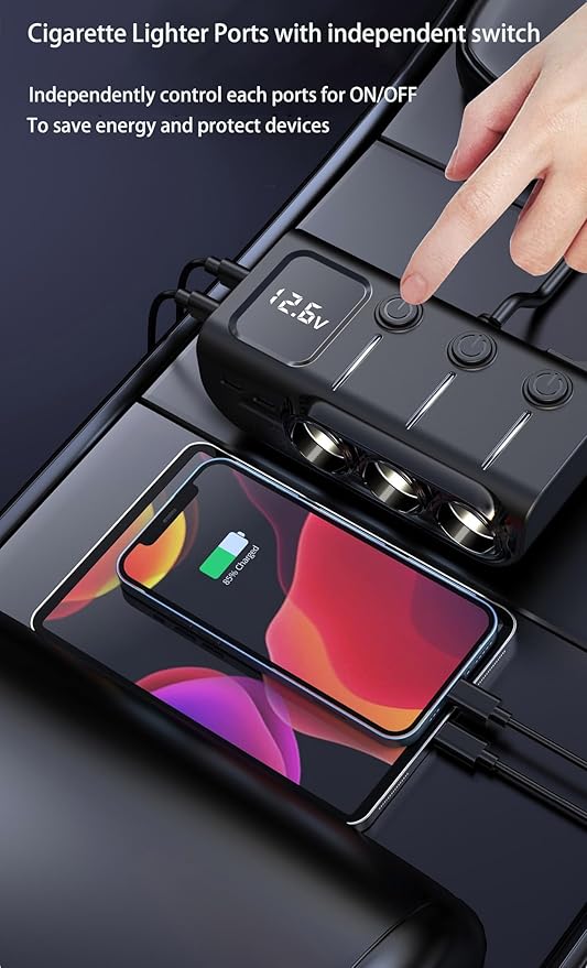 8 in 1 Cigarette Lighter Splitter, 120W 3 Socket Car Charger Adapter,5 USB,Type-C PD36W, Fast Charging,12V/24V Input, Built-in Protecter, Zero Risk to Car & Devices,for Car, Truck, SUV, RV, Camping