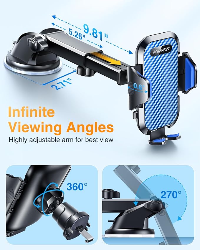 VANMASS Phone Holders for Your Car 2026 Ultimate Phone Mount Military-Grade Windshield Dashboard Vent【Newest Best Strongest】 Cell Phone Car Mount for iPhone 16 Pro Max 15 Samsung Android,Blue