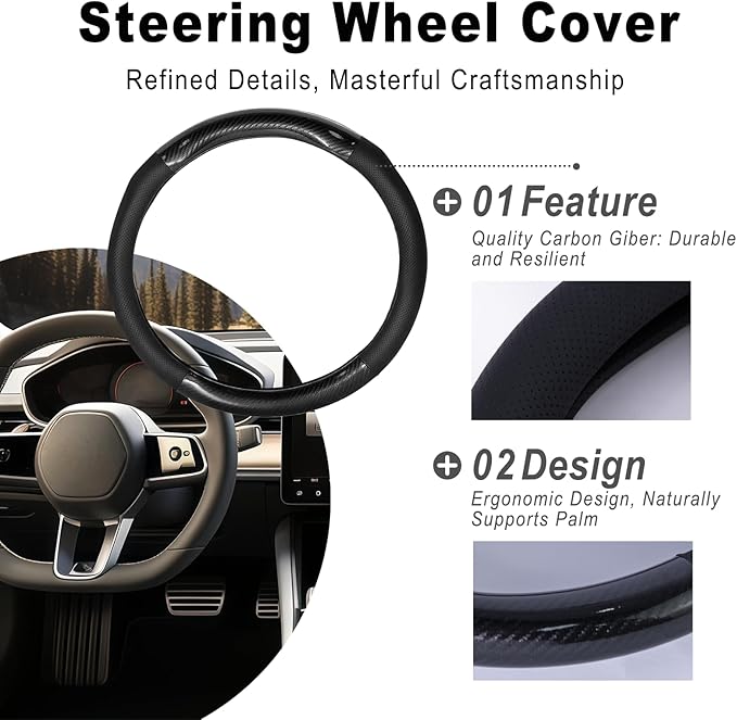 Car Steering Wheel Cover Black, Non-Slip Wear-Resistant Carbon Fiber Steering Wheel Cover, Breathable Drilled O-Type Leather Sleeve, Universal Car Interior Accessories for Most Vehicle