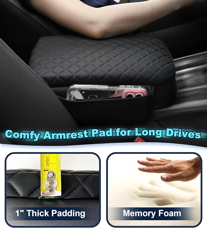 Armrest Cover for Ford Maverick 2022 2023 2024 2025 Center Console Pad with Organizer Storage Pockets, Black Faux Leather Arm Rest Lid Protector Cushion Interior Accessories
